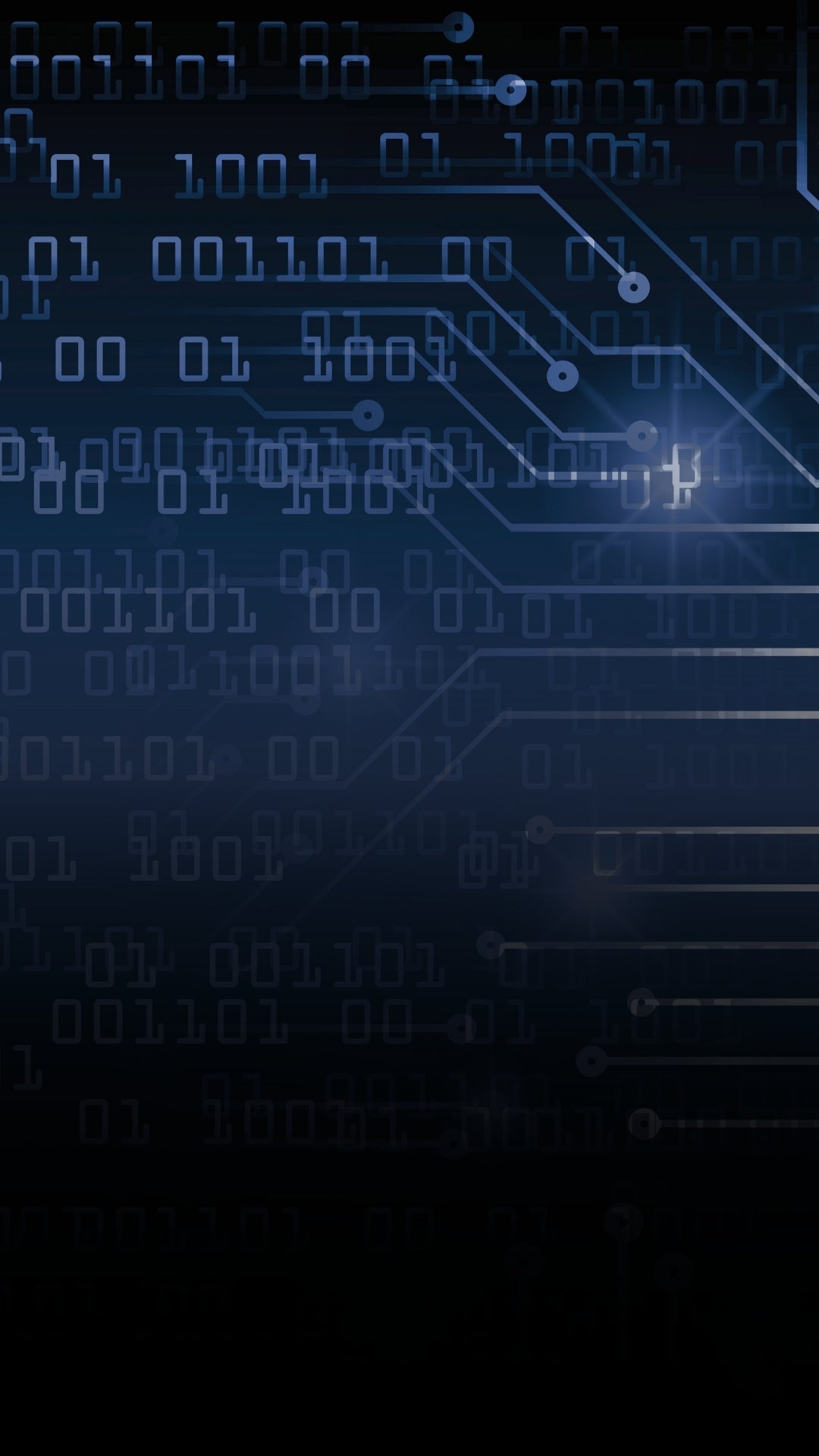 A dark blue and black digital background featuring glowing binary code and circuit board lines.