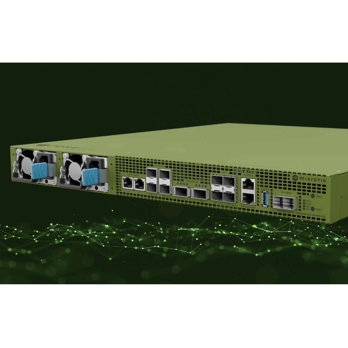 A green network switch or server chassis with multiple Ethernet ports and cooling fans on the front, shown against a dark green background with a glowing network graphic.