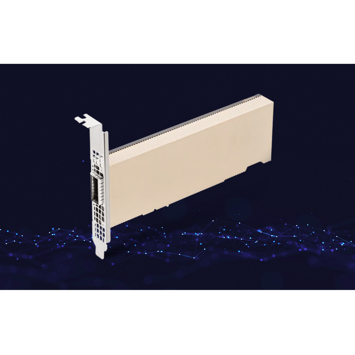 A beige and white industrial PCIe card shown floating against a dark navy background with blue network-like bokeh lines.