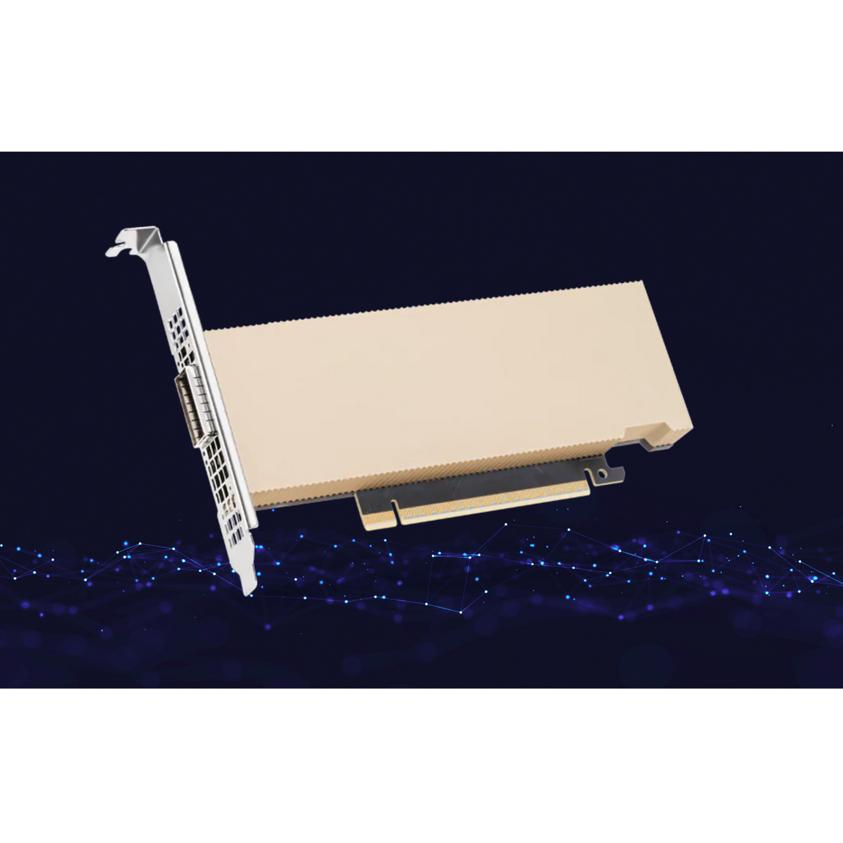 A PCIe expansion card with a large beige heat sink and a silver metal bracket, shown floating against a dark blue background with a subtle network pattern.