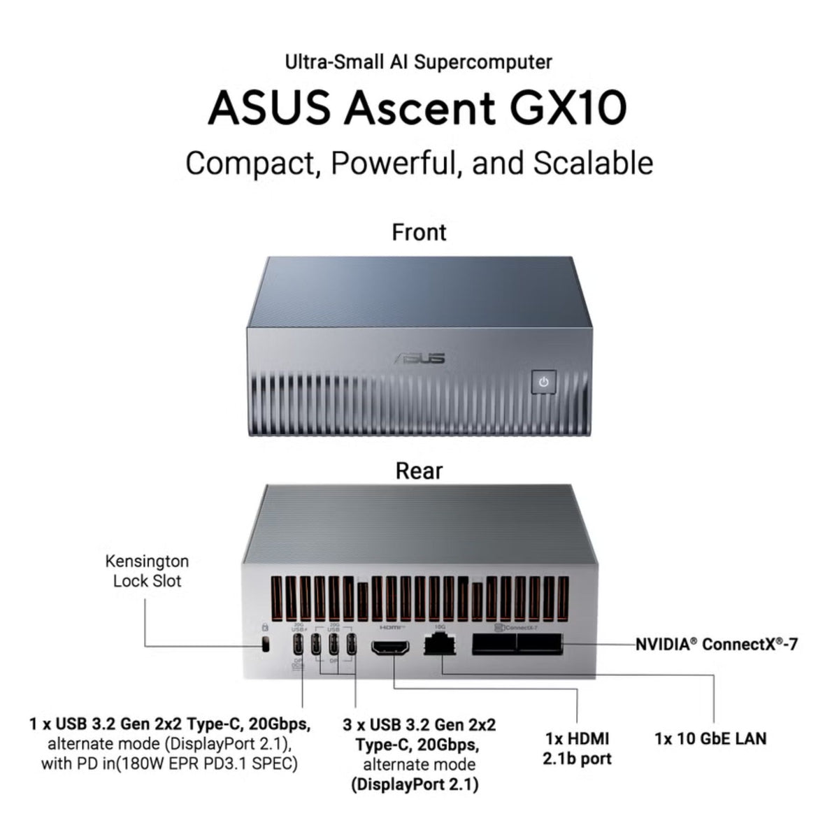 ASUS Ascent GX10 ultra-small AI supercomputer with front and rear views and feature details.