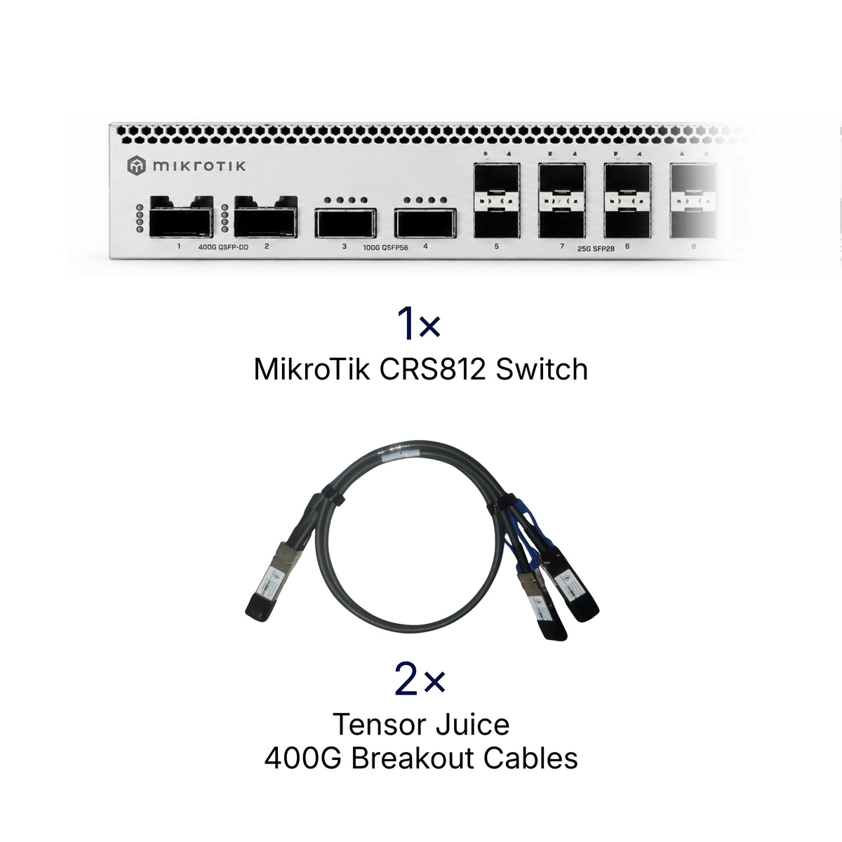 MikroTik CRS812 switch shown with two Tensor Juice 400G breakout cables on a white background, with text indicating 1x switch and 2x cables.