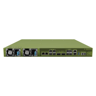 A green network switch or server chassis photographed from the front against a plain white background, with cooling fans on the left and multiple ports on the right.