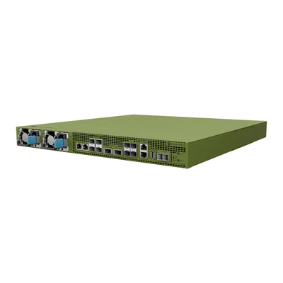 A green network switch or server chassis with multiple front ports, rear fans, and ventilation grilles, shown on a plain white background.