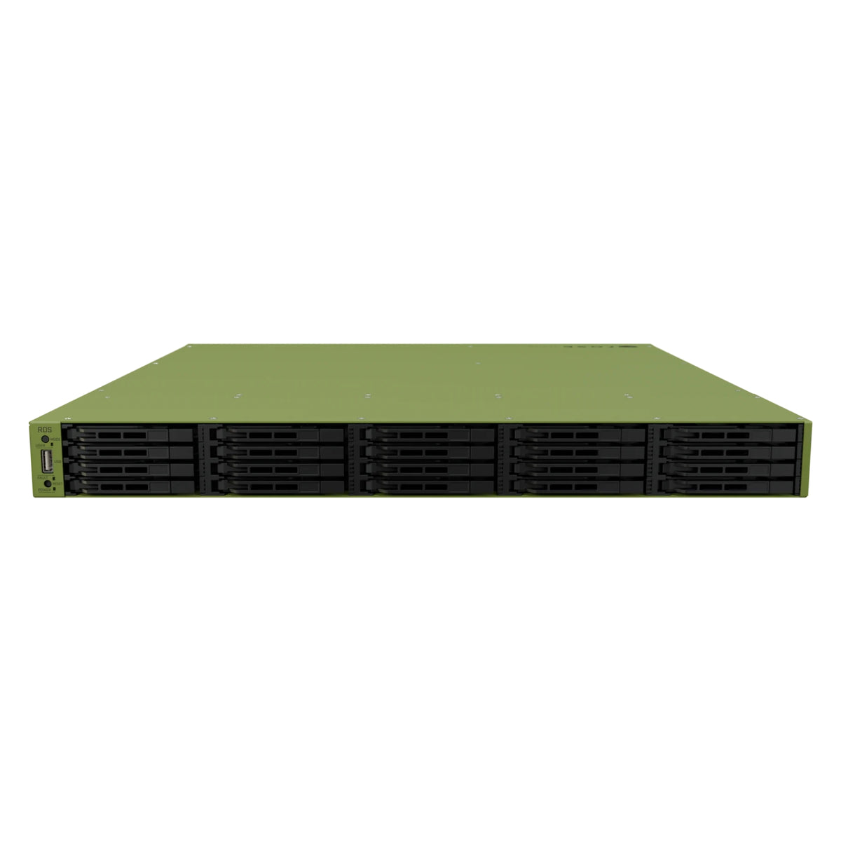 A large, flat rectangular server rack or storage device with a muted olive green top and front panel, featuring multiple black drive bays or vents along the bottom edge, shown against a plain white background.
