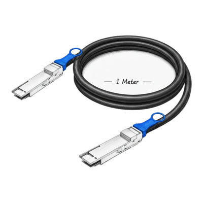 A 1-meter black TensorJuice cable with silver and blue QSFP connector ends, displayed on a clean white background with a '1 Meter' text overlay.