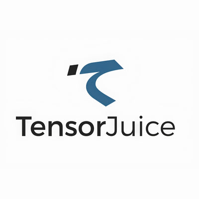 The TensorJuice logo, featuring a stylized blue and black abstract symbol above the brand name 'TensorJuice' in black sans-serif text, set against a plain white background.