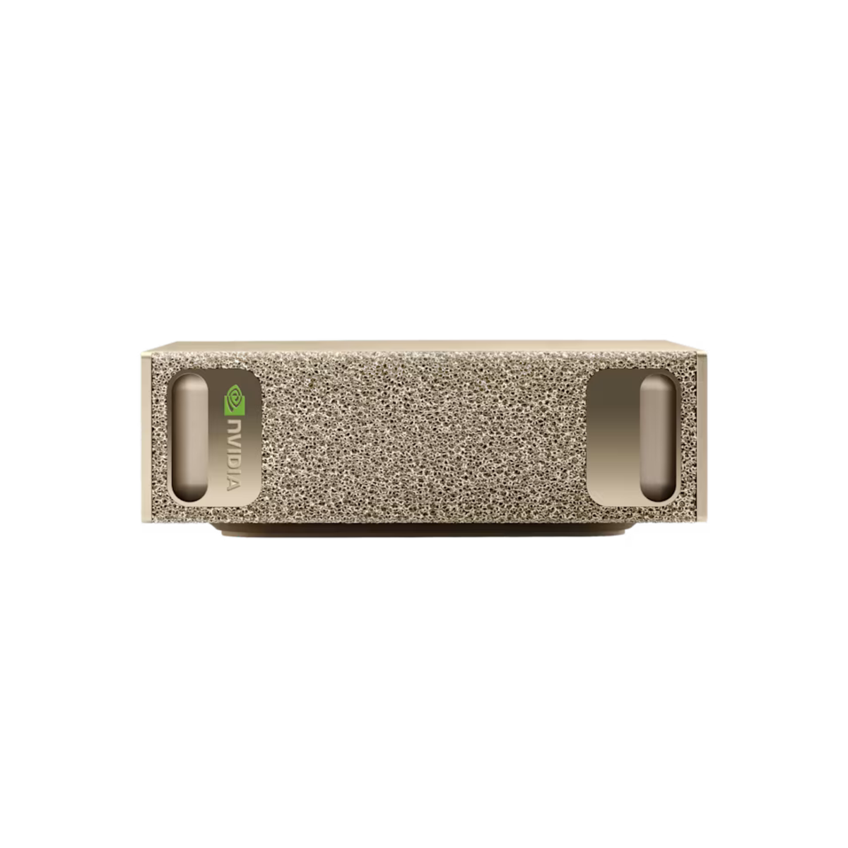 NVIDIA A100 Super GPU server processor in a textured beige/gold metal chassis, shown from the front on a solid white background.